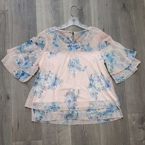Pink and Blue Floral Short Sleeve Blouse